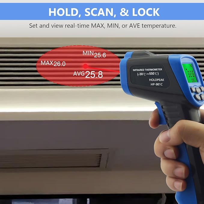 HOLDPEAK 981C Digital Laser Infrared Thermometer Non Contact, IR Heat Temperature Gun Instant-Read -58 to 1022℉ (-50 to 550℃) for Cooking, Grill, Pizza Oven, Griddle, Engine, HVAC, Not for Human