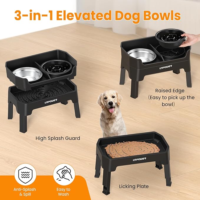 URPOWER 3-in-1 Elevated Dog Bowls - Mess Proof Double Deck 4 Height Adjustable Raised Stand with Stainless Steel Bowl & Slow Feeder Bowl for Small, Medium & Large Dogs