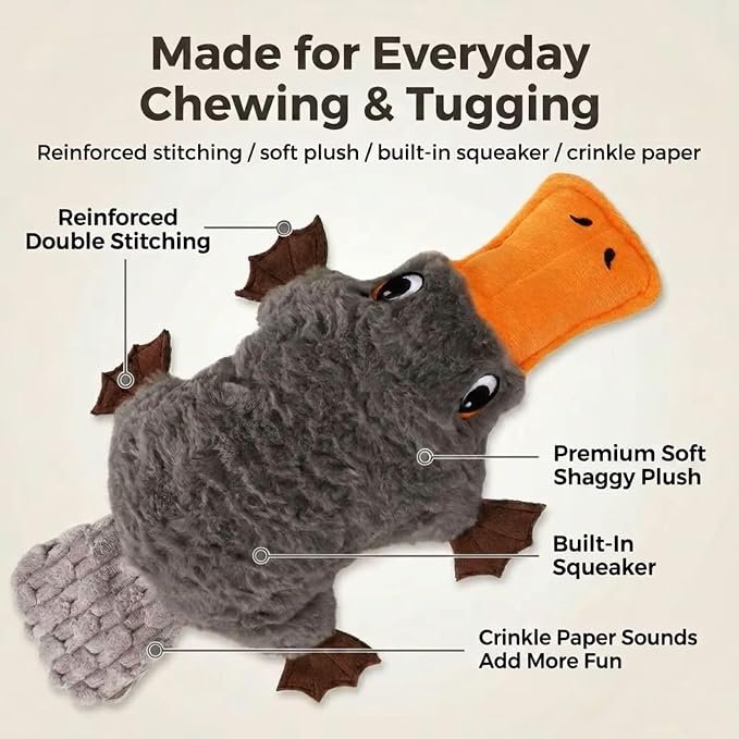 15" Squeaky Platypus Dog Toy - Interactive Dog Toys for Small Dogs, Large Dog Toys & Dog Toys for Medium Dogs, Soft Stuffed Plush Squeaky Dog Toys, Grey