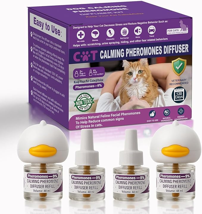 Cat Pheromones Calming Diffuser, Cat Calming Plug In Pheromone Diffuser Starter Kit with 2 Diffusers + 4 Refills - Relieve Anxiety, 120 Days Starter Kit Long-Lasting Stress Relief for Cats (Purple)