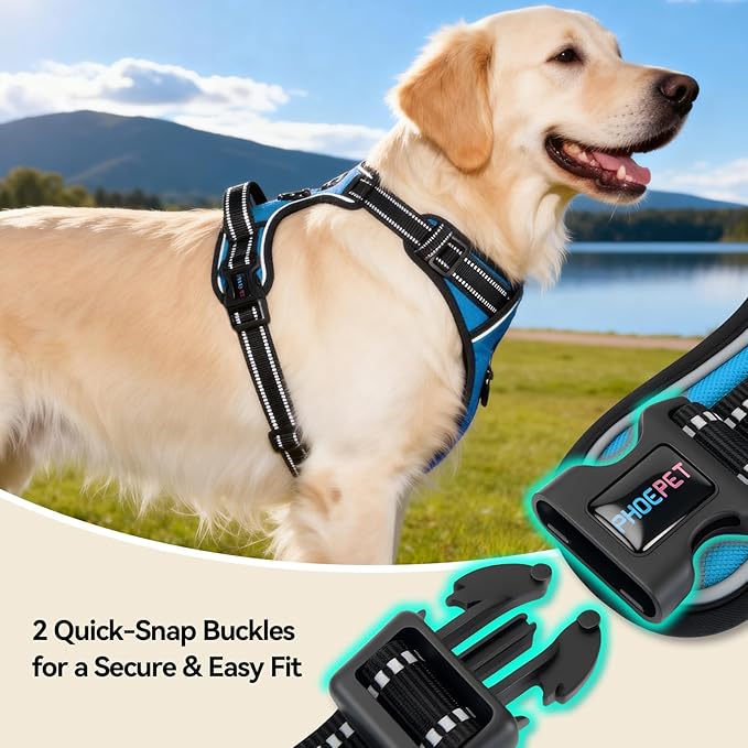 PHOEPET No Pull Dog Harnesses for Small Puppies Reflective Adjustable Front Clip Vest with 2 Metal Leash Attachment Hooks Soft Handle(XS, Blue)