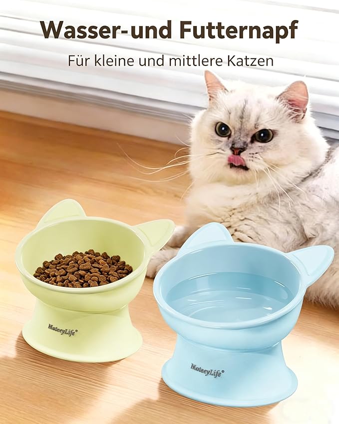 MateeyLife Elevated Cat Bowls, 2P Raised Food and Water Bowl Set for Indoor Cats & Small Dogs, Whisker Fatigue Cat Bowl, Anti Vomit Feeding Pet Bowls, 6 oz Each, Dishwasher Safe - Blue & Yellow