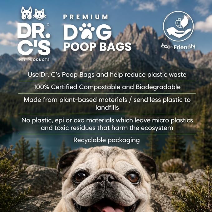 100% Certified Compostable Dog Poop Bags - Dr. C's Premium Dog Poop Bags - 120 Bags / 8 Rolls, Extra thick, Leak Proof, Unscented, Plant Based, Earth Friendly and USA Owned