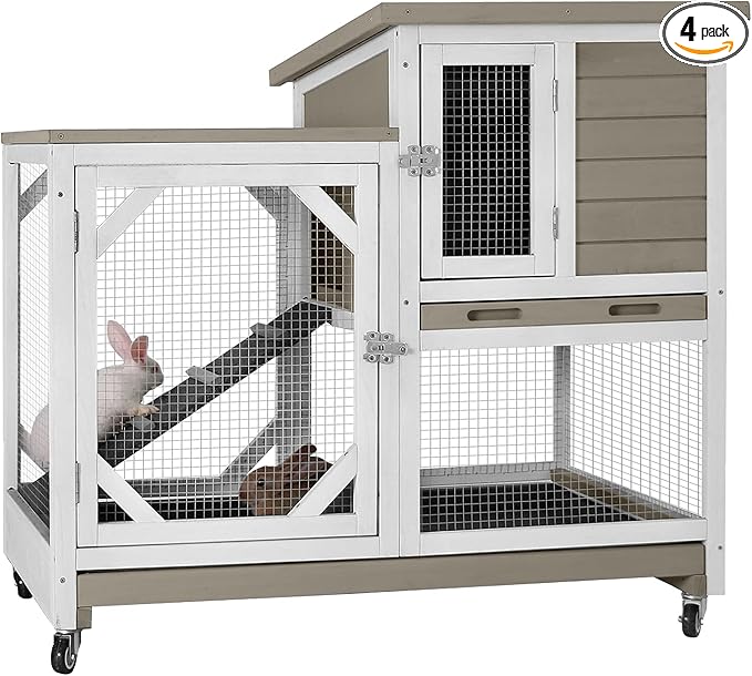 Aivituvin Upgrade Rabbit Hutch Rabbit Cage Indoor Bunny Hutch with Run Outdoor Rabbit House with Two Deeper No Leak Trays - 4 Casters Include (Mocca Color Without Bottom Wire Netting)