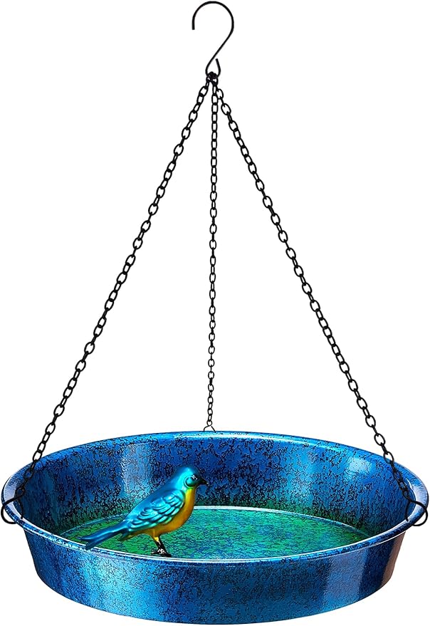 Hanging Bird Bath for Outdoor, Blue & Green Metal Birdbath Bird Feeder Garden Decor Yard Art (11.5" Dia)