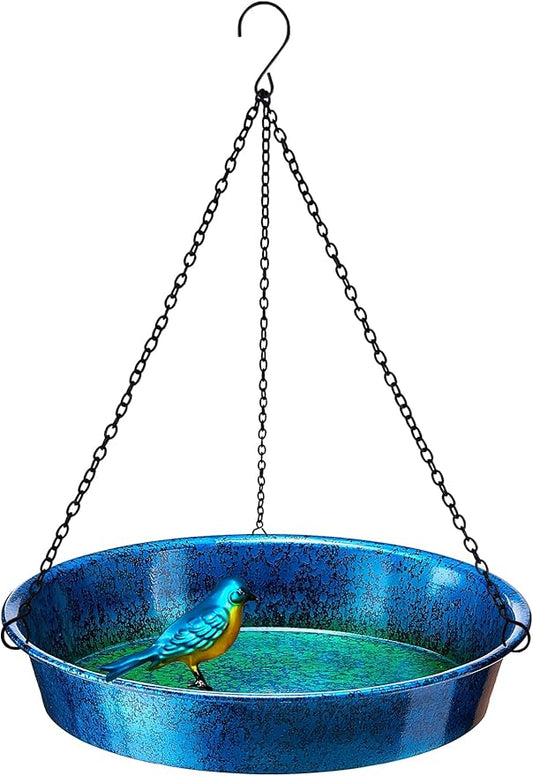 Hanging Bird Bath for Outdoor, Blue & Green Metal Birdbath Bird Feeder Garden Decor Yard Art (11.5" Dia)