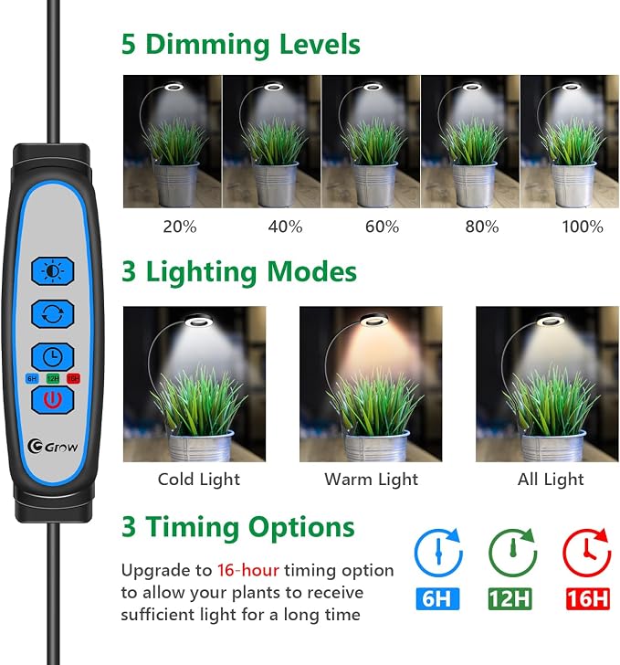 Plant Lights for Indoor Growing, Clip on Full Spectrum Grow Lamp | Black 3 Pack, 144 LED, 6/12/16H Auto Timer, 5 Dimming, 3 Light Modes, 2 Installation Options Clip or Plug, 360° Gooseneck