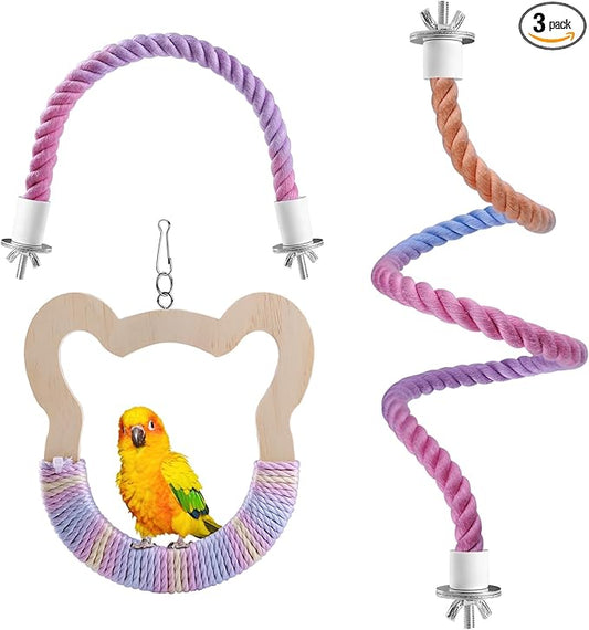 3 Pcs Gradient Bird Perching Rope Set, Bendable Bird Perching Rope for Parrot Cage, Gradient Wooden Birds Swing, Standing Climbing Toys for Parrots, Lovebirds, Budgies and Larks