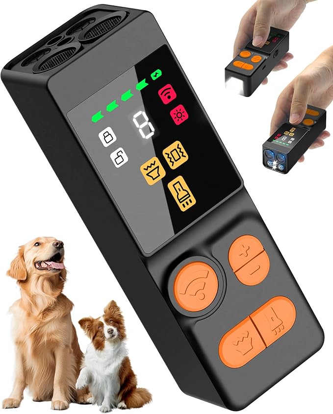 [Digital LED Display] ultrasonic Dog bark Deterrent with 4 Transmitters, 10 Gears Dog Training Device for Large/Medium/Small Dogs, Rechargeable Anti Barking Device & Dog Repellent with Flashlight