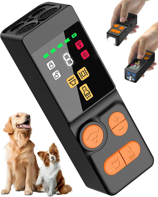 [Digital LED Display] ultrasonic Dog bark Deterrent with 4 Transmitters, 10 Gears Dog Training Device for Large/Medium/Small Dogs, Rechargeable Anti Barking Device & Dog Repellent with Flashlight