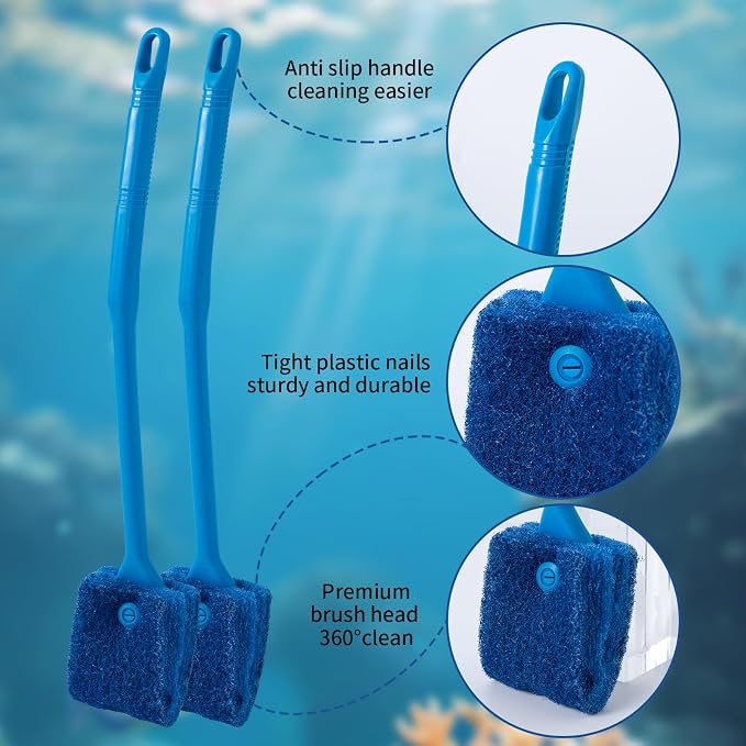 SLSON Aquarium Algae Scraper Double Sided Sponge Brush Cleaner Long Handle Fish Tank Scrubber for Glass Aquariums and Home Kitchen,15.4 inches (2)