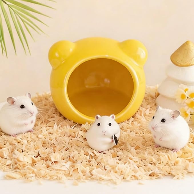 Hamster Hideout, Cute Ceramic Summer Cool Guinea Pig House, Sugar Glider Gerbil Cage Accessories for Hedgehog Mice (Yellow)