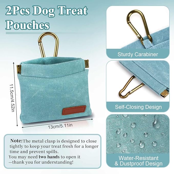 2Pcs Dog Treat Pouches for Pet Training, Hand Free Puppy Dogs Treat Bag with Carabiner, Portable Auto Closing Pet Dog Walking Bag for Travel or Outdoor Use, Pets Feed Snack Reward Pocket- Pink, Green