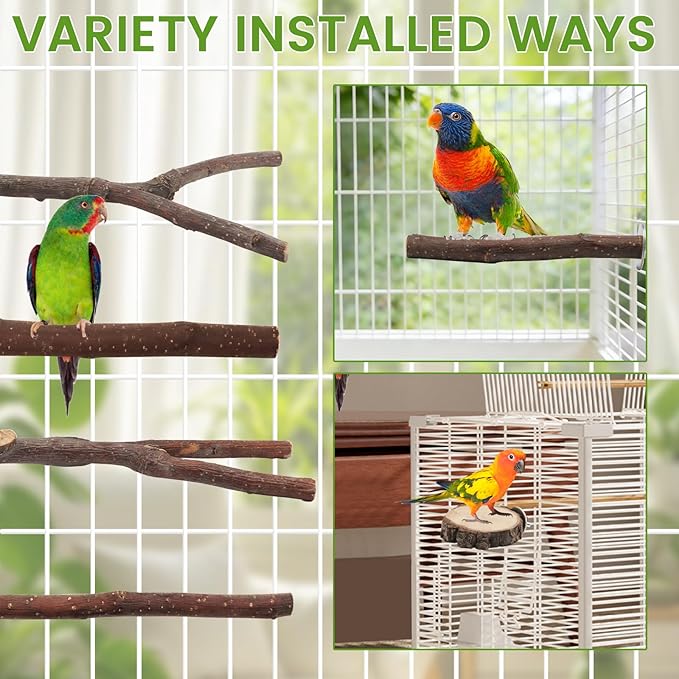 9PCS Apple Wood Bird Perches, Natural Parrot Stand & Chewing Toy with Multi-Branch, Straight Perch Stand, Platform & Climbing Rope, Cage Accessories for Parakeets, Cockatiels, Budgies