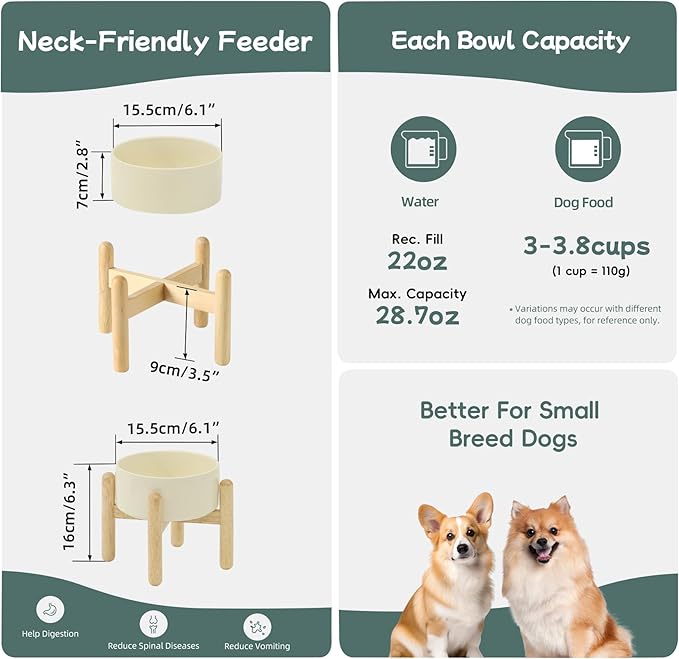 Havniva Ceramic 6.1inch Raised Dog Bowl with Stand for Small and Medium Dog Dish Pet Food and Water Bowl (Single Bowl with Stand - Light Yellow)