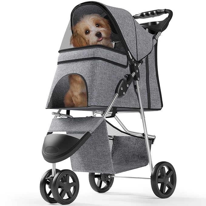 OS MOTOR Pet Stroller with 3 Wheels for Small/Medium Pets, Portable Travel Foldable Carrier Jogger for Dog Cat Puppy Kitty, Rear Wheel Breaks, Storage Basket, Visible Mesh with Weather Cover (Gray)