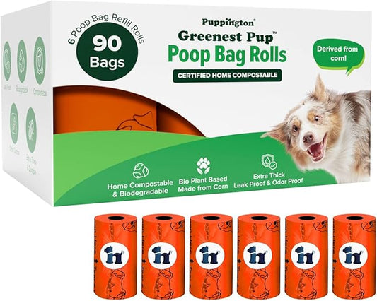 Puppington Certified Home Compostable Poop Bags - ASTM D6400 Compliant - 90 Extra Thick Bags - Plant Based - Pairs with Puppington 3-in-1 Bag & Fits all Standard Poop Bag Dispensers (Poppy Orange)