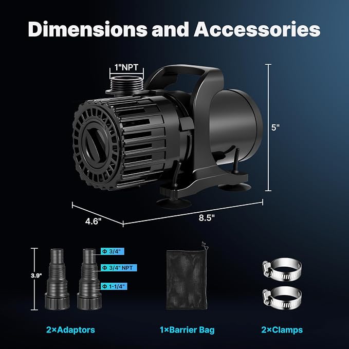 Pond Pump for Fountain & Waterfall, Adjustable Flow 700-1800 GPH | 100W Submersible Water Pump, 13FT Lift, 180° Rotatable Outlet, Filter Bag & 20FT Cord, Ultra-Quiet, UL Listed