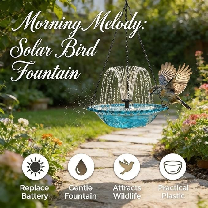 Hanging Solar Bird Bath Fountain with Water Pump, Plastic Basin, 4 Nozzles, Sturdy Metal Chains, Outdoor Garden Decor (Cannot Spray Water, Black)
