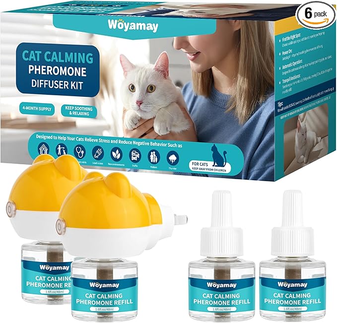 Woyamay Cat Calming Diffuser - Cat Pheromones Calming Diffuser for Cat Anxiety Relief 6-in-1 Cat Pheromone Diffuser Kit with 2 Diffuser + 4 Refill 48ml Vial - 120 Days Pheromone Diffuser to Calm Cats