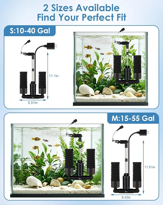 AQQA USB Electric Sponge Filter for Aquarium, No Air Pump Needed Submersible Fish Tank Filter with Bio Ceramic Media & 110V Adapter, Quiet 360° Rotatable Outflow for Betta Shrimp Fry Breeding Tank