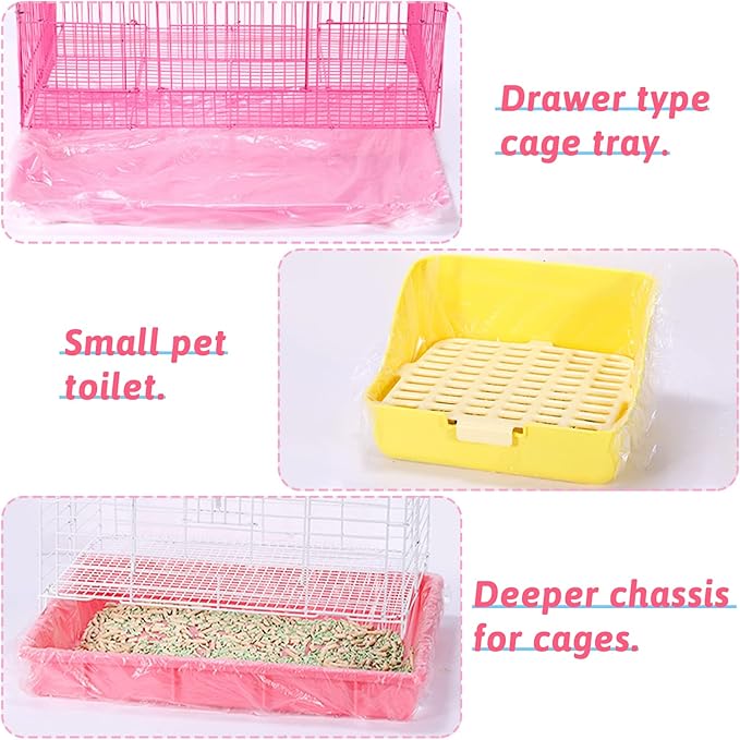 Fhiny 13.8'' x 9.9'' Disposable Guinea Pig Cage Liner, 100 PCS Plastic Rabbit Tray Liner Leak Proof Small Animal Litter Pan Bags Universal Hamster Cage Toilet Film for Bunny Chinchilla Hedgehog Bird
