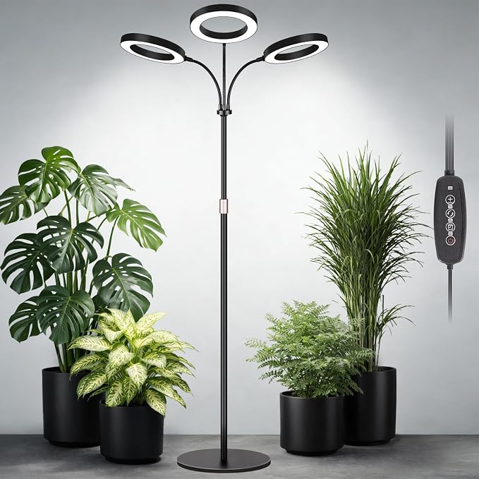 LBW 3-Head Grow Light with Stand for Indoor Plants, Full Spectrum Grow Light for Tall Large Plants, Adjustable Height up to 68", Auto Cycle Timer 6/8/12/16H, 5-Level Dimming, 3 Lighting Modes, Black