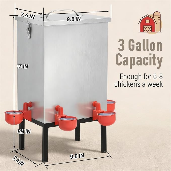 3 Gallon Chicken Waterer with Cups & Nipples, Stainless Steel Poultry Waterer for Backyard Coop, No-Spill, Easy to Clean, Ideal for Chickens, Ducks & Small Farms