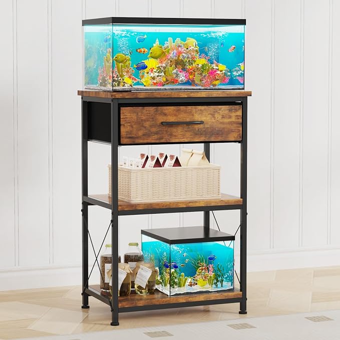 5-10 Gallon Fish Tank Stand with Adjustable Height and Drawer, Brown | Heavy duty metal frame holds up to 220 pounds with a lower shelf for a second aquarium, turtle tank or reptile terrarium