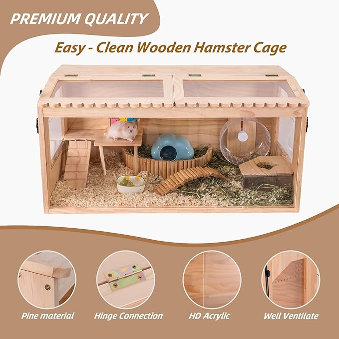 Wooden Hamster Cage,40" Lx20 Wx16 H,Large Hamster Cage,2 Washable Liners & 2 Adjustable Ventilation Window. Small Animal Cage for Dwarf Syrian Hamsters Degus Mice & Other Small Pets.