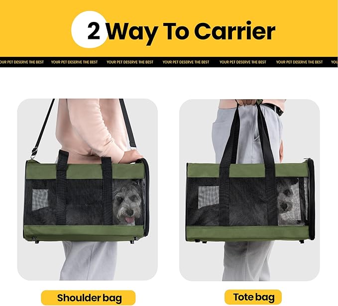 Conlun Dog Carrier Soft Sided, Large Cat Carrier with Inner Safety Leash, Pet Transport Carrier for Large Cats and Medium Dogs up to 20 Lbs, Collapsible Travel Puppy Carrier Bag -Green L