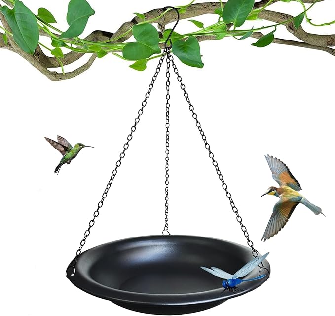 Hanging Bird Bath Outdoor 11.5" Metal Bowl with 15.5 in Rust-Proof Chains,Weather-Resistant Garden Birdbath with Magnetic Dragonfly for Backyard Decor,Matte Black