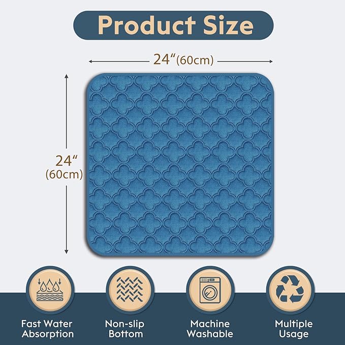 FunFurry Washable Pee Pads for Dogs - 2 Pack Reusable Pee Pads，Waterproof Puppy Pads，Pet Training Pads，Super Absorbent with Dog Paw Shape Non-Slip Backing (Blue, 24" X 24" - 2 Pack)