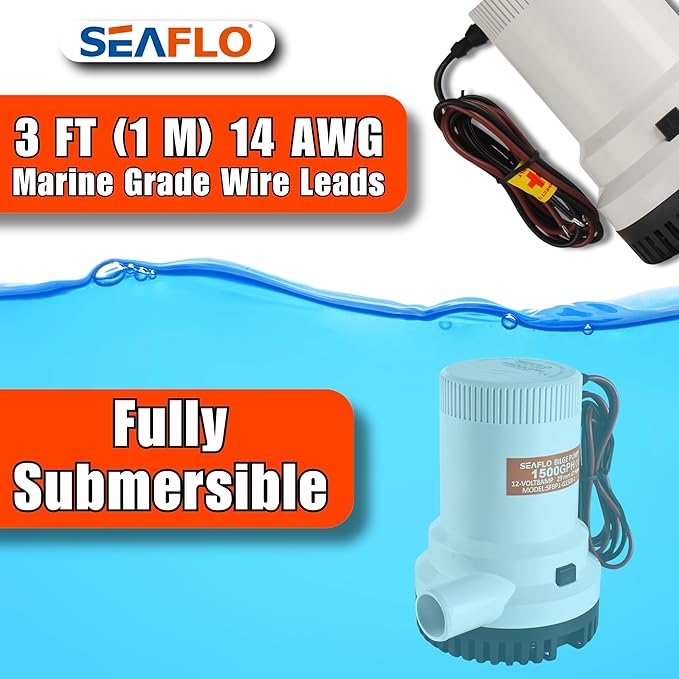 SEAFLO 01 Series 1500 GPH Bilge Pump – 12V, 1-1/8" Outlet, Marine Submersible Pump with Anti-Airlock Protection, CE & Rohs Certified, 4-Year Warranty | Reliable for Boats and Marine Applications