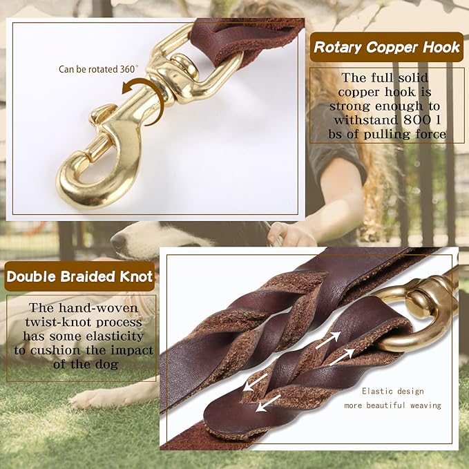 Leather Dog Leash 6ft x 5/8 inch,Strong Heavy Duty Genuine Leather Braided Dog Training Leash, Soft and Comfortable for Large Dogs, Medium Small Dogs (Brown, 6FT*5/8in)
