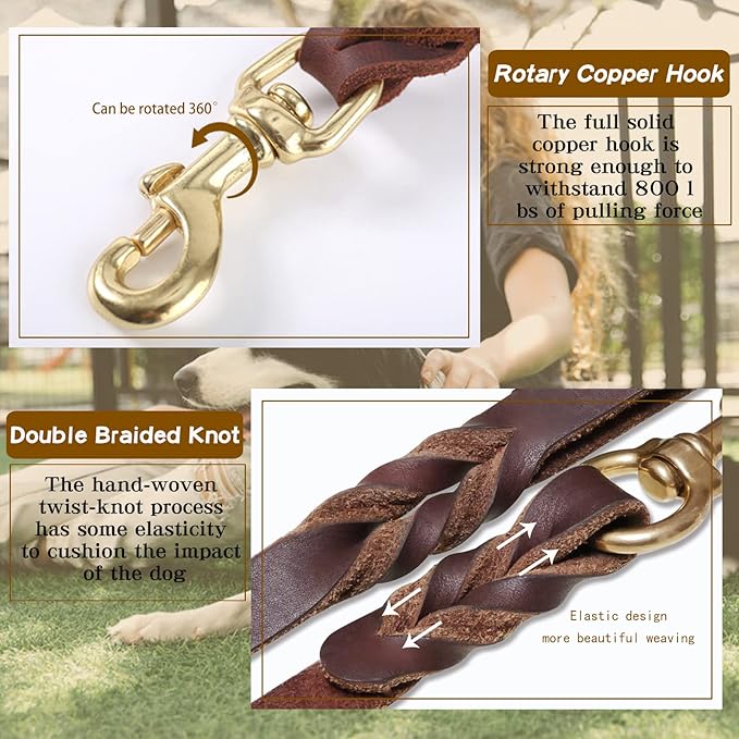 Leather Dog Leash 6ft x 1 inch,Strong Heavy Duty Genuine Leather Braided Dog Training Leash, Soft and Comfortable for Large Dogs, Medium Small Dogs (Brown, 6FT*1in)
