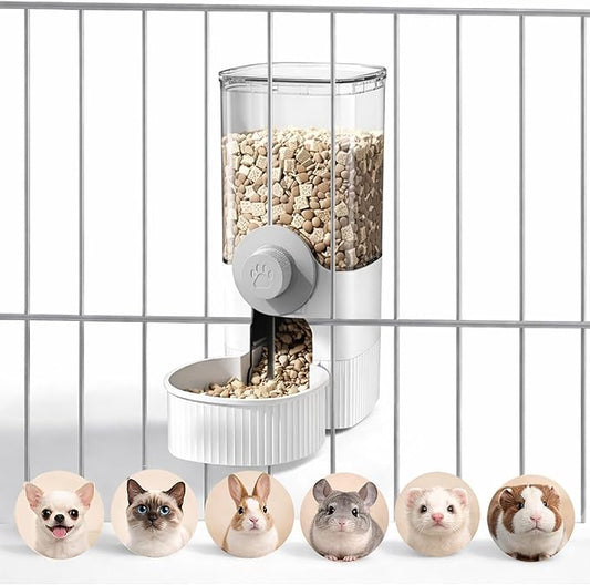 Auto Gravity Food Dispenser for Cage Hanging, 41OZ Capacity Hanging Automatic Pet Cage Feeder, Food Bowl for Cats Dogs Rabbit Ferret Chinchilla Bird Hedgehog Guinea Pig (White)