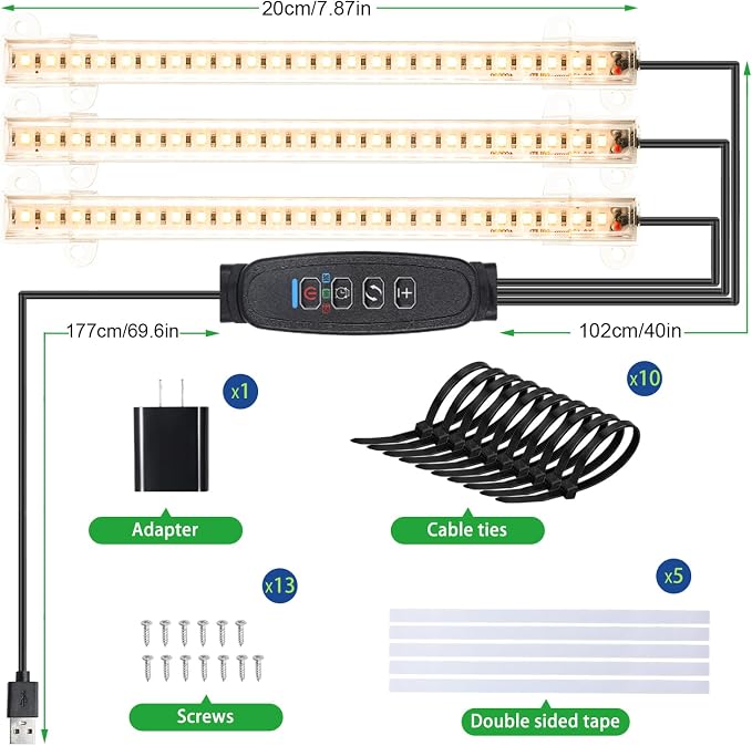 RWNTAO 3 Head 7.8 Inches LED Grow Light Strips, Grow Lamps for Indoor Plants Full Spectrum 3000K, 72 LEDs Plant Light Strips with 3/9/12H Timer, 10 Dimmable Levels for Seedling Succulent