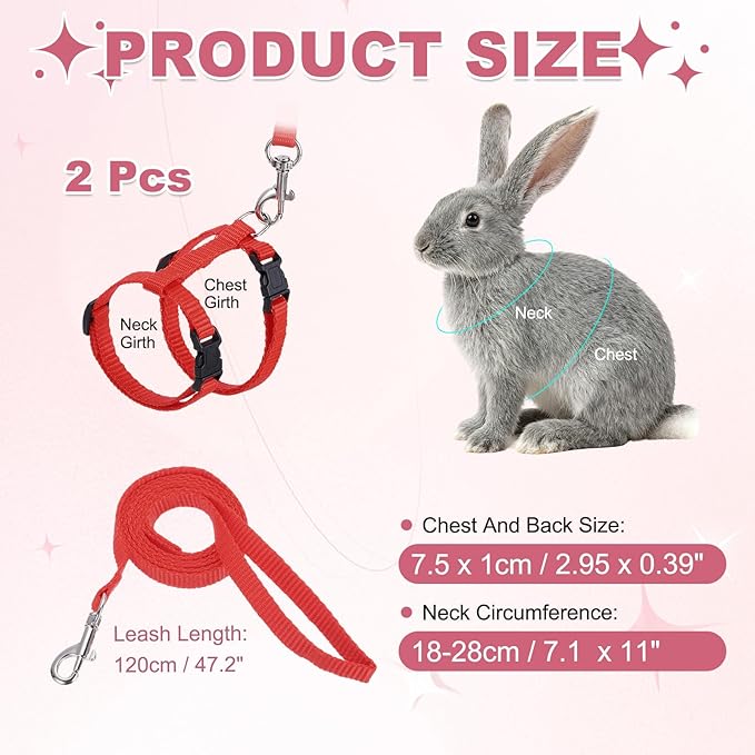Rabbit Harness and Leash, Escape Proof Bunny Cat Leash Small Animal Harness Soft Adjustable Buckle(2Pcs, Red) for Bunny Kitten Cats Puppies Walking Hiking Training