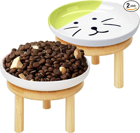 Shallow Elevated Cat Bowls with Bamboo Stand, 5.9 Inch Wide Ceramic Cat Dish Whisker Friendly, 2 Pack Pet Food and Water Plates
