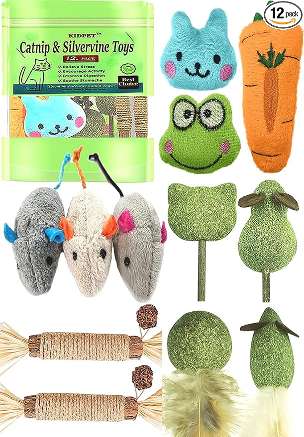 12 Pack Catnip Toys for Cats, Silvervine Sticks, Catnip Balls, Cat Nip Mice, Kicker Toys, Silver Vine Organic Chew Toys, Kitten Teething Toy,Interactive Enrichment (Green)