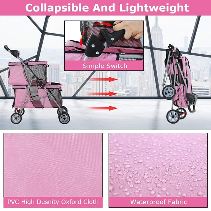 Dog Stroller Cat Pet Carriers for Small Medium Dogs Cats Travel Camping 4 Wheels Lightweight Folding Crate Stroller with Soft Pad (Pink)
