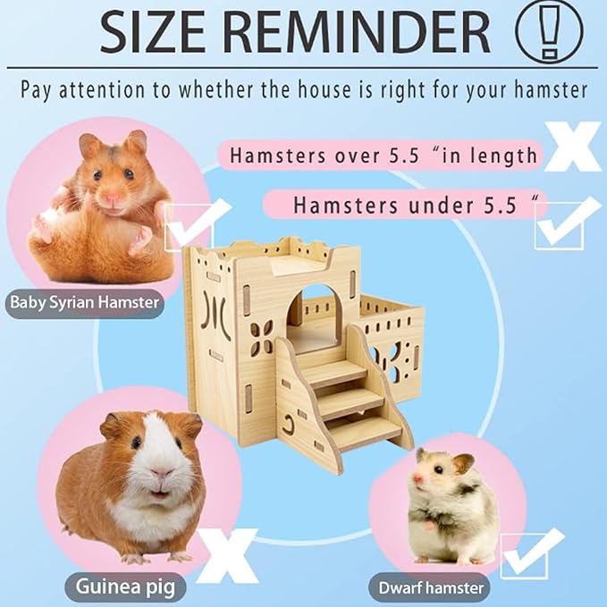 Natural Wood Hamster Habitat Hideout Cage Accessories, Maze Cabin with Fun Slide & Double-Decker House, Exercise Toys for Dwarf Hamsters, Gerbils, Mice, Other Small Animals(Only for Small Hamster A)
