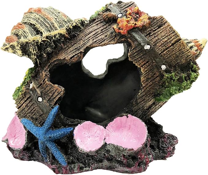 SLOCME Aquarium Broken Barrel with Conch Decorations - Betta Cave Hideout Fish Tank Barrel Ornament
