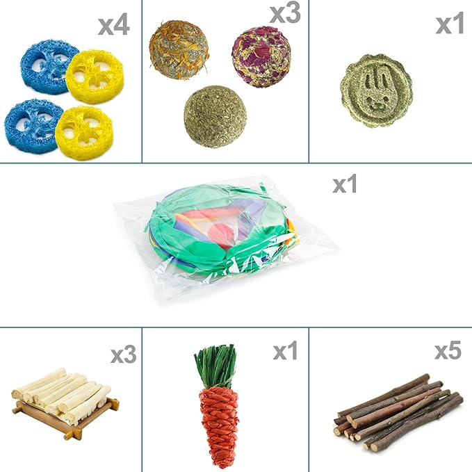 Rabbit Toys, Large Bunny Hideout Tunnel and Tube with Chew Toys for Grinding Teeth Apple Sticks Bamboo Carrot Loofah and Grass Ball for Rabbit Guinea Pig Chinchilla Ferret Rat