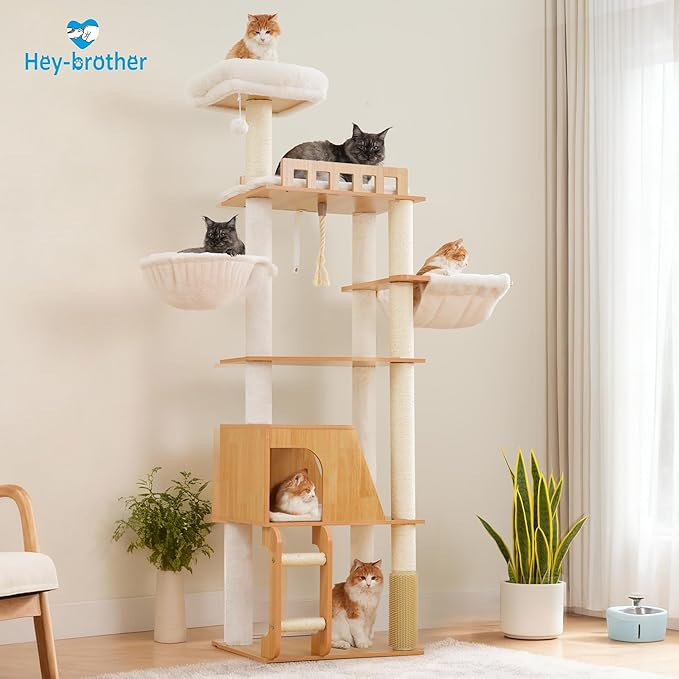 Hey-brother Wooden Cat Tree, 69.7 inch Cats Furniture Tower with Large Platforms, Hammocks, Spacious Condo, Full Sisal Scratching Posts, Ladder, Brush, Water Proof Surface, Walnut MPJ121WB