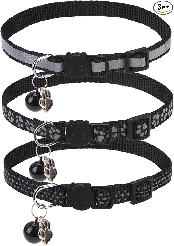 BINGPET Reflective Cat Collar Breakaway with Bells,3 Pack Kitten Collar for Girl Boy Cats with Cute Pendant Glow in The Dark,Adjustable 8''-11.8'',Black