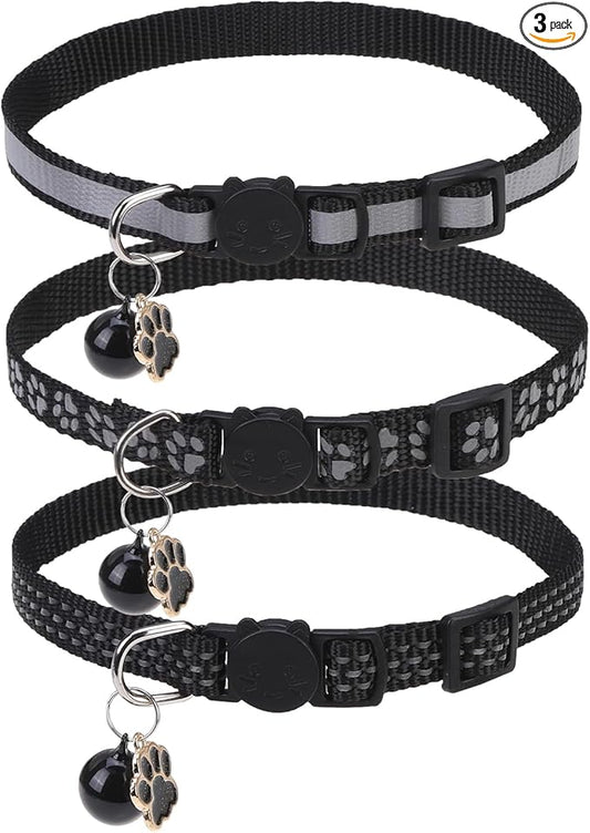 BINGPET Reflective Cat Collar Breakaway with Bells,3 Pack Kitten Collar for Girl Boy Cats with Cute Pendant Glow in The Dark,Adjustable 8''-11.8'',Black