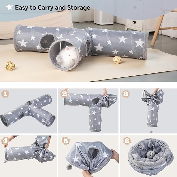 JanYoo Bunny Tunnel Rabbit Hideout Cat Toys for Rabbits Accessories Guinea Pig Ferret Kitty 3 Ways Collapsible Tunnels (Star)