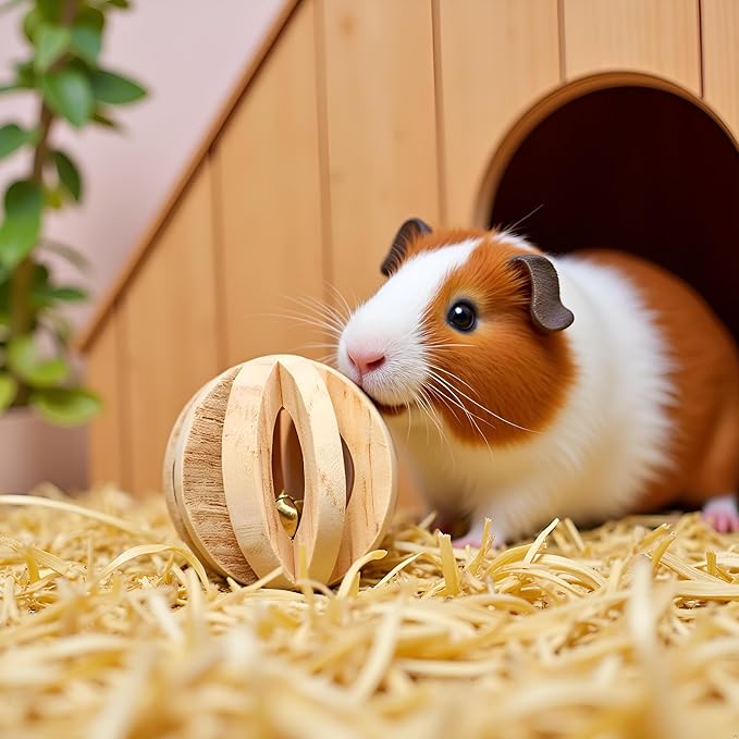 Jinshining 1pc Wood Color Natural Wood Dumbells Unicycle Bell Roller Pet Chew Toy for Guinea Pigs Rat Rabbits,Guinea Pig Toys Boredom,Small Animals Will be Very Happy Toys(No Bark Watermelon Ball)